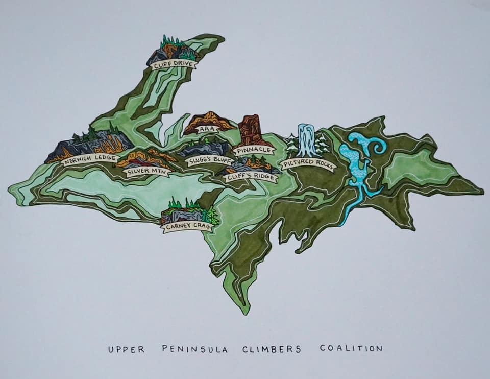 An illustrated map showing the major climbing destinations in Michigan’s Upper Peninsula.
